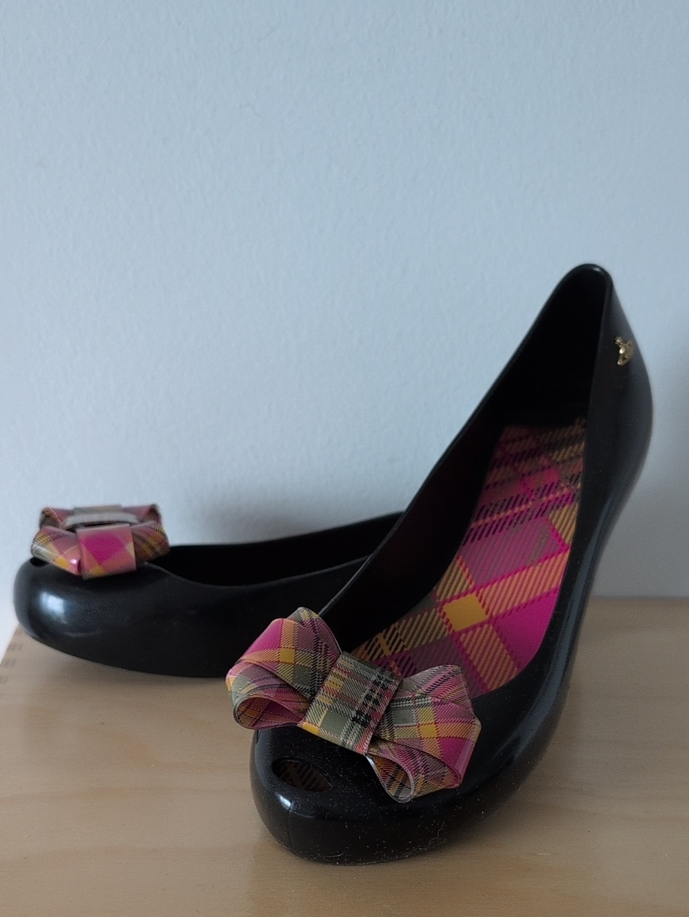 Vivienne Westwood Black Flats with Pink Plaid Bow Accent